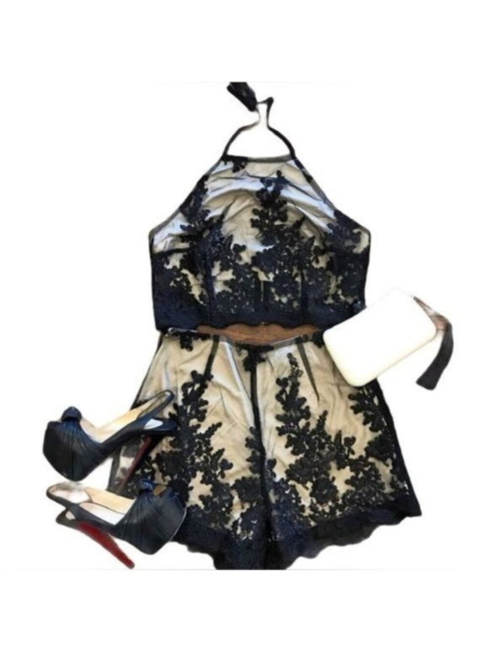 Miss Avenue Black Lace 2 Piece Crop Top & Shorts Set Size Large Excellent